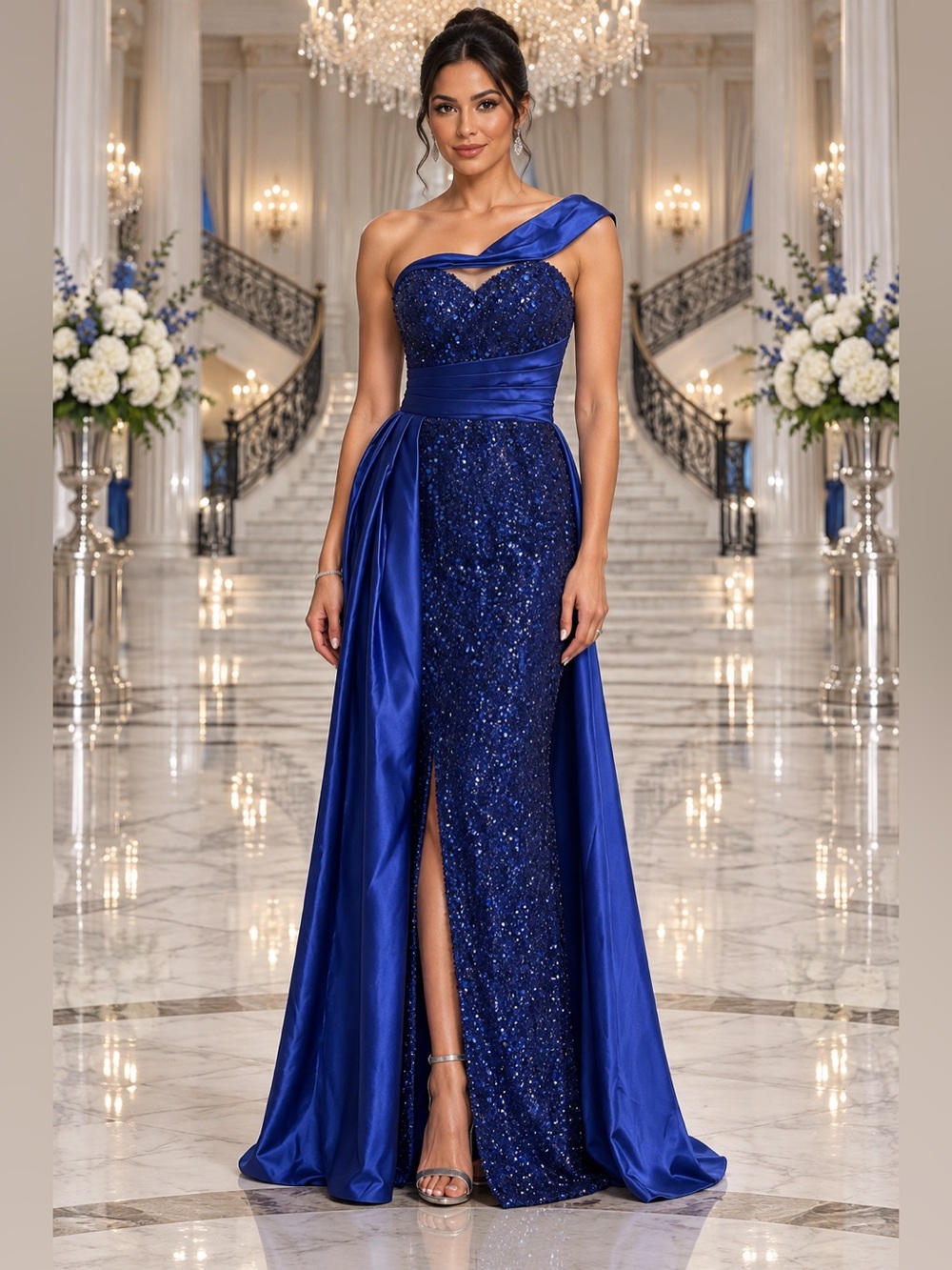 NWT Royal Blue Sequin Satin One Shoulder Corset Wedding Military Gala Gown Sz 10